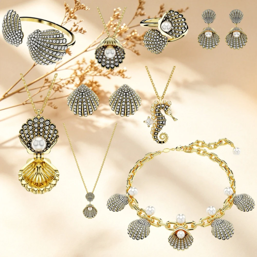 Golden seahorse shaped necklace with black background and inlaid zircon scallop pendant, full of diamond shells