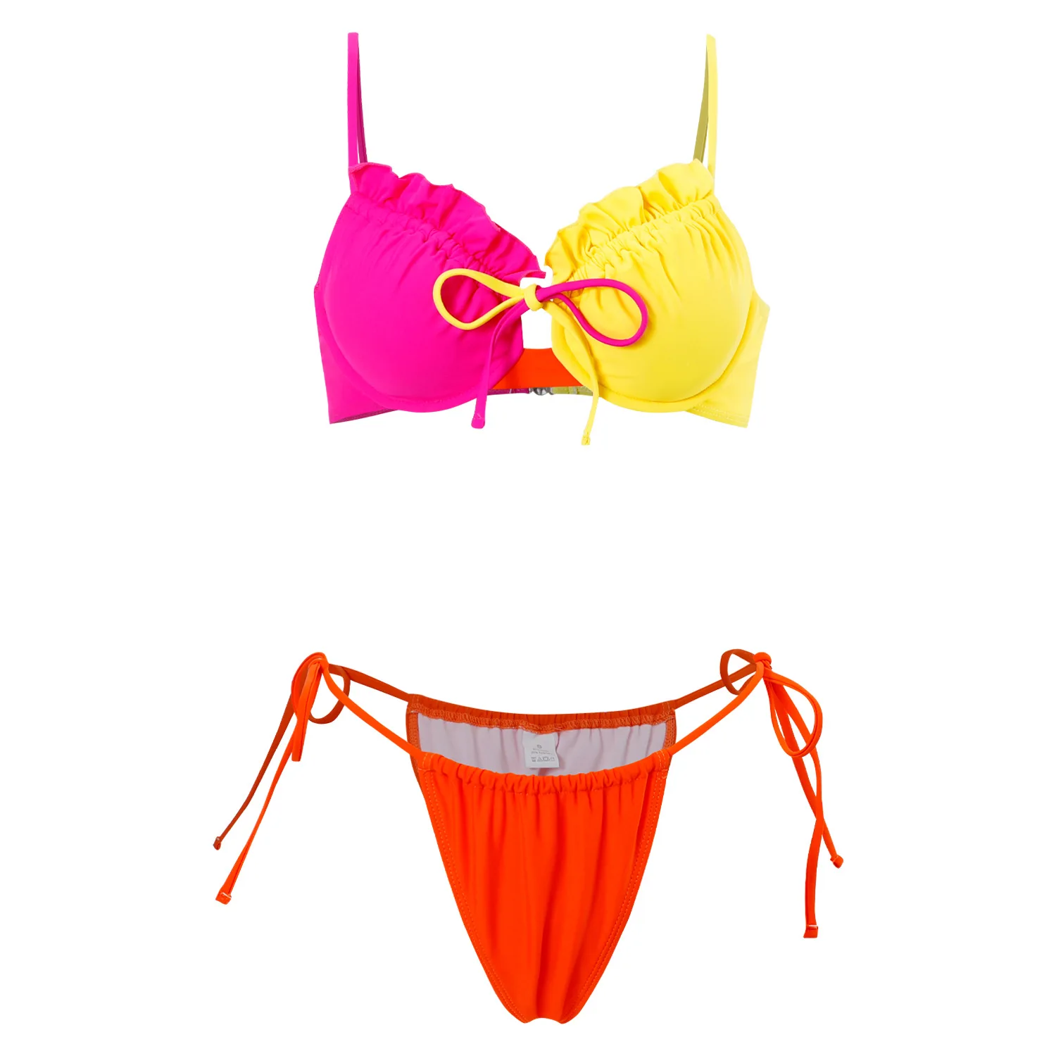 

Neon Pink Yellow Orange Color Block Bikini Set for Women Ruffled Triangle Top High Waisted Bottoms Beach Swimsuit Two Pieces