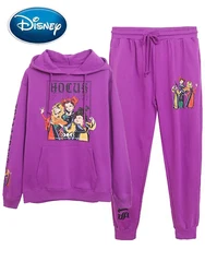 Disney Sweatshirt Halloween Hocus Pocus Magic Princess Letter Cartoon Print Women Hooded Fleece Top + Trousers Pants 1 Set Femme