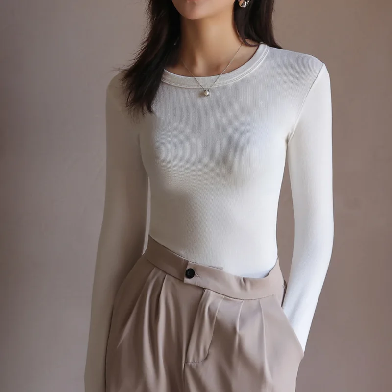 Autumn Winter Modal T-shirt Women's O-neck Fashion Korean Long Sleeve Bottoming Shirts Solid High Strecth Slim Fit Undershirt