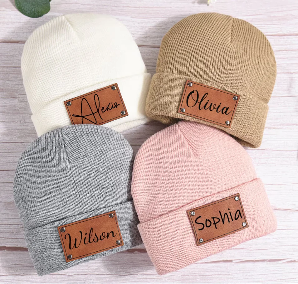 Custom Name or Logo Beanies, Personalized Beanie Hats with Leather Patch, Unisex Winter Hat, Family Gift Unisex Cap Beanie