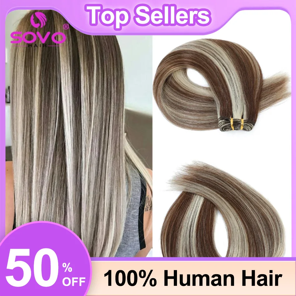 

SOVO Human Hair Weft Indian Remy Hair Bundles Highlight Blonde Sew In Silky Straight Skin Double Weft For Salon Hair Extensions