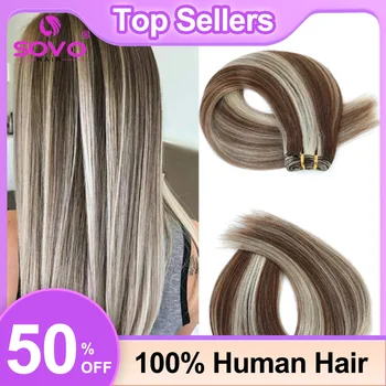 SOCalculator-Extensions de cheveux indiens Remy, trame de cheveux humains, double trame, surbrillance blonde, coudre dans une peau droite soyeuse, salon