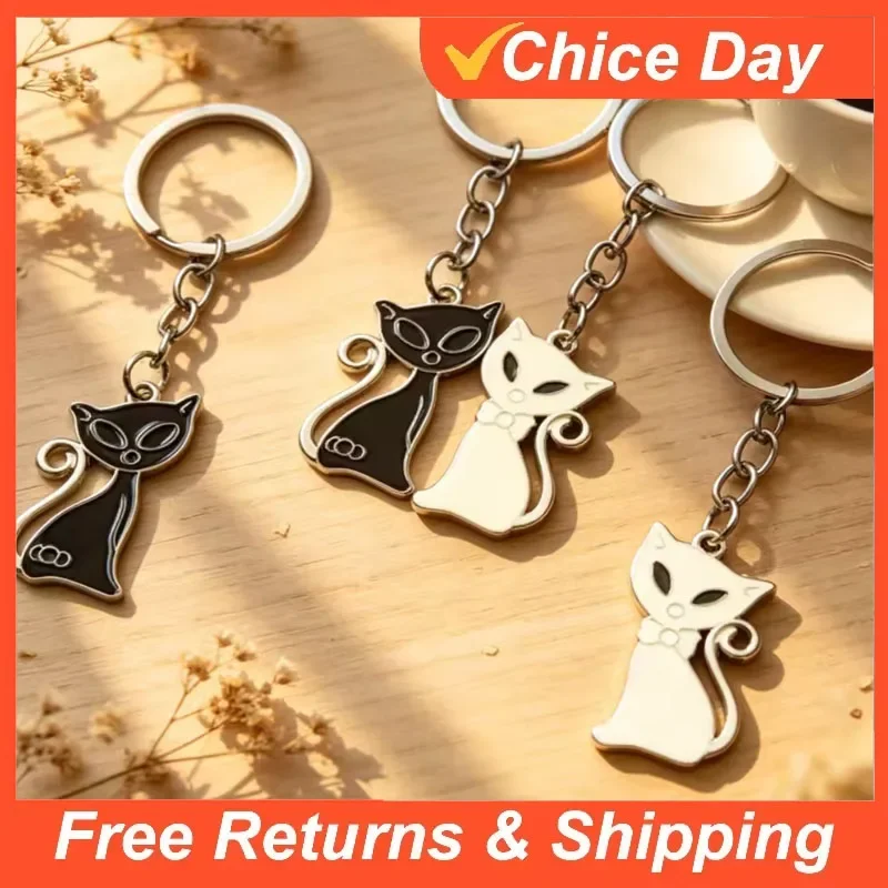 Niedliche Taschenaccessoires Geschenke Schwarz-Weiß Katzen-Paar Schlüsselanhänger Metall-Schlüsselring Hängedekoration Großhandel Anhänger für Verliebte Amagi