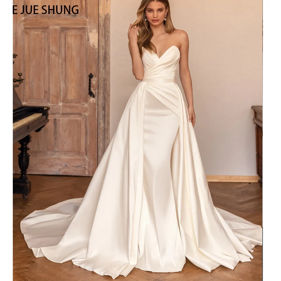 

E JUE SHUNG Satin Detachable Train Mermaid Wedding Dresses Sweetheart Lace Up Back Pleat Bridal Gowns Removable Skirt 2 in 1