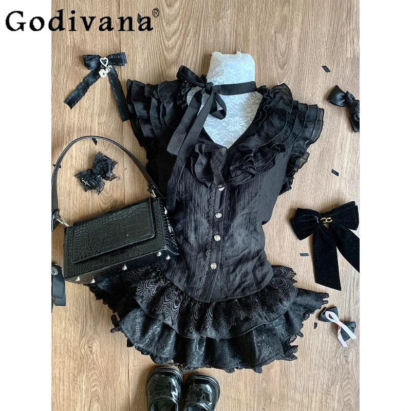 Conjunto de dos piezas para mujer, estilo puro deseo, dulce encaje negro, Top de retazos, falda de pastel hinchada, trajes femeninos de estilo Lolita