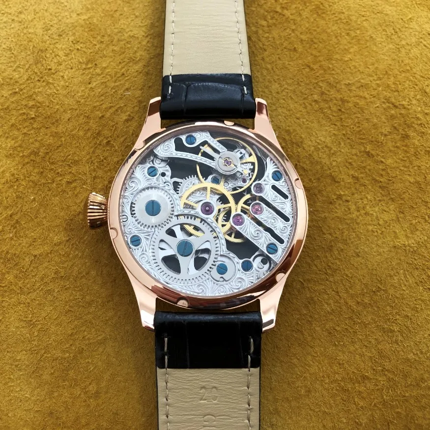 Customized 41mm GEERVO No Logo Blue Dial Asian ETA6497 Skeleton Movement Plating 18K Rose Gold Case Mechanical Pilot\'s Men Watch