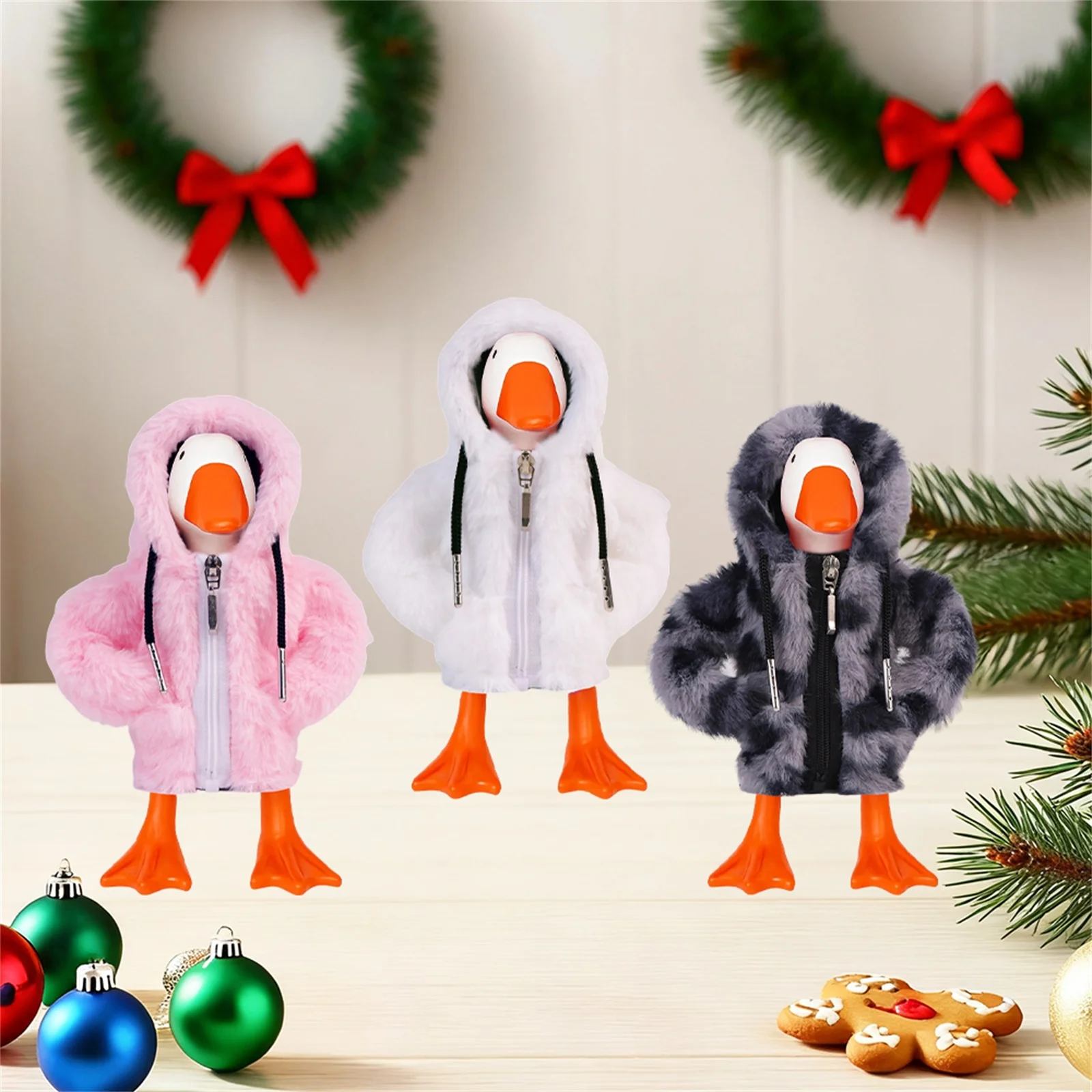Weihnachten Winter Plüsch Kleidung Puppen sehen echt aus Tischplatte Gans Hoodie Kleidung Tischplatte Gans Statue Reißverschluss Leopardenmuster Bekleidung