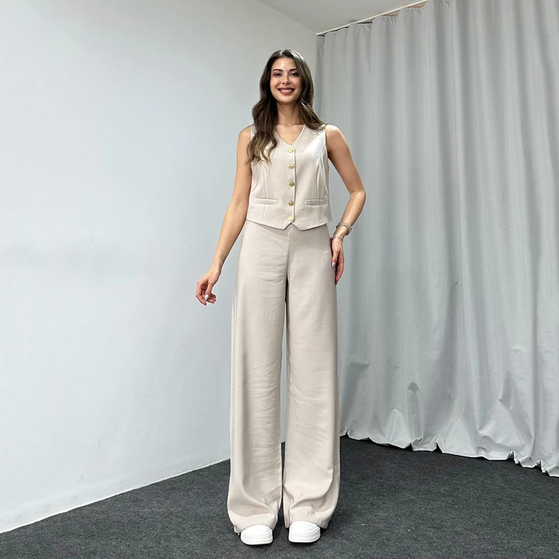 

Fashion Solid Casual Trousers Outfit Spring Women V-neck Sleeveless Vest Top+High Waist Straight Pants Suit Summer Two Piece Set