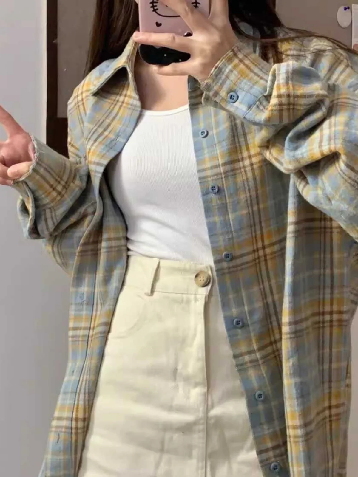 

Retro Hong Kong Style Loose Long Sleeve Plaid Shirt Casual Leisure Outerwear Women's Business Commute Collar UV Protection