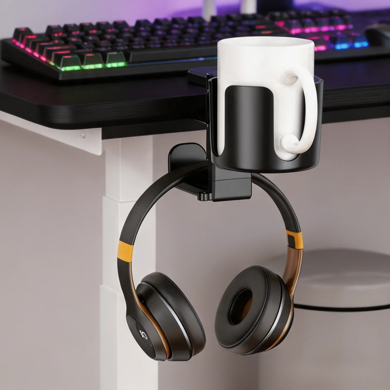 Multi Purpose 2-in-1 Desk Side Headphone Hanger Cup Holder Adjustable Clamp On Table Gaming Headset Drink Rack Desk Organizer