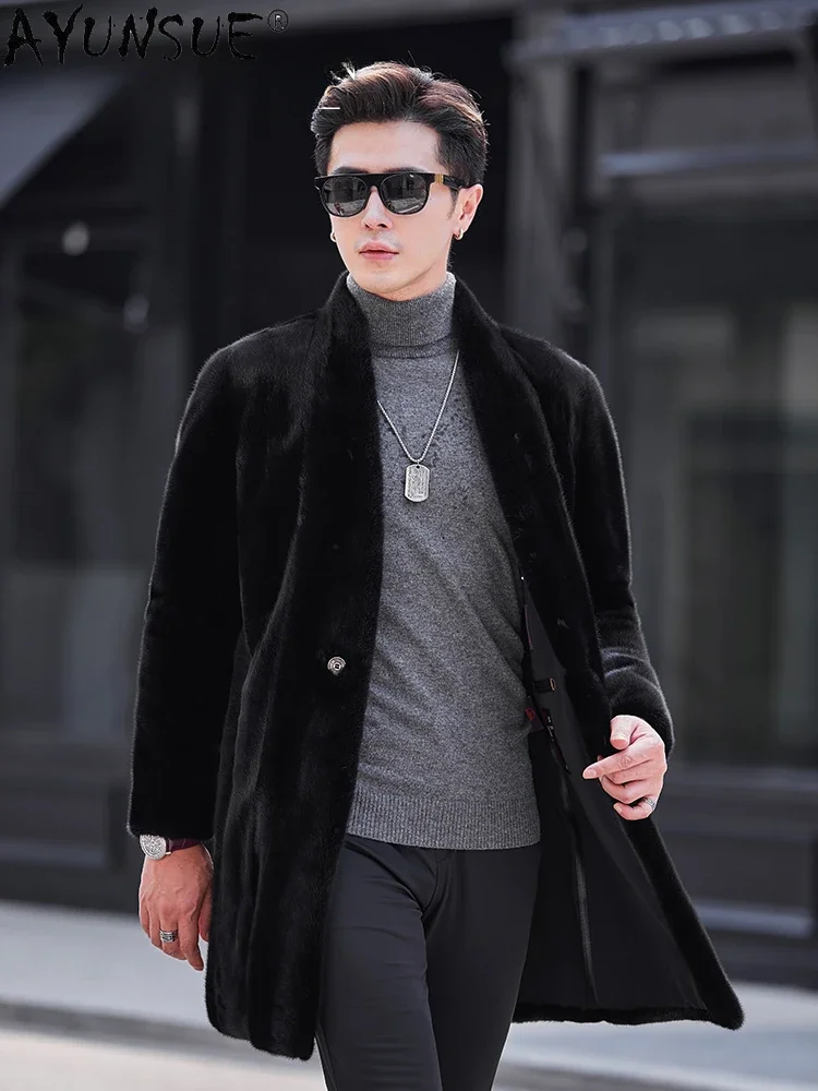 AYUNSUE Natural Fur Coat Mink Jackets for Men 2023 Winter Mid-length Real Mink Fur Coats Fashion V-neck Fur Jacket Manteau Homme