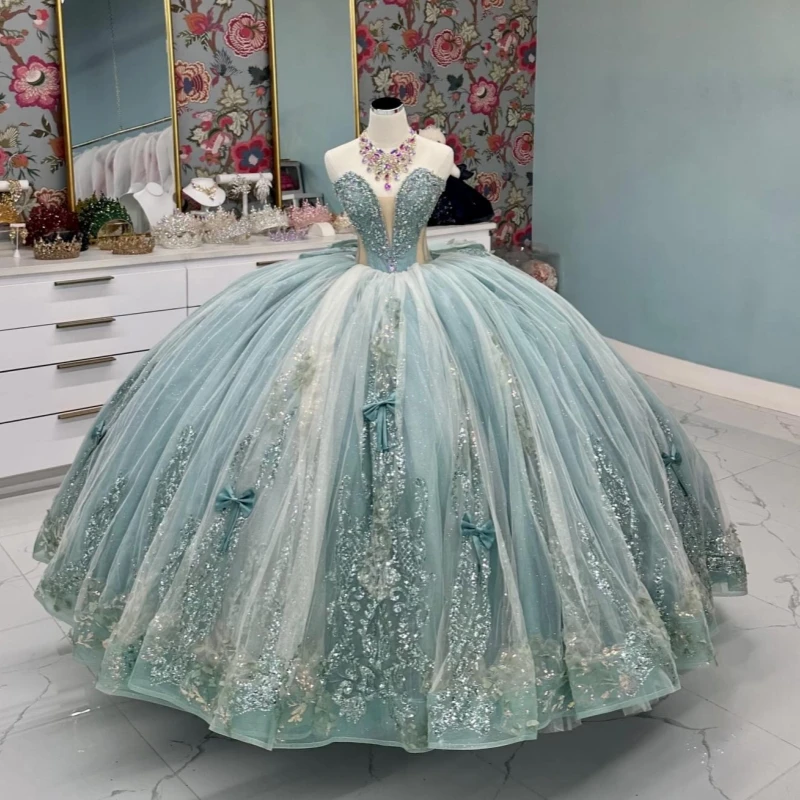 

Light Green Quinceanera Dresses Off The Shoulder Applique Lace Beading Bow Tull Party Birthday Sweet 16 Dress Vestidos 15 De