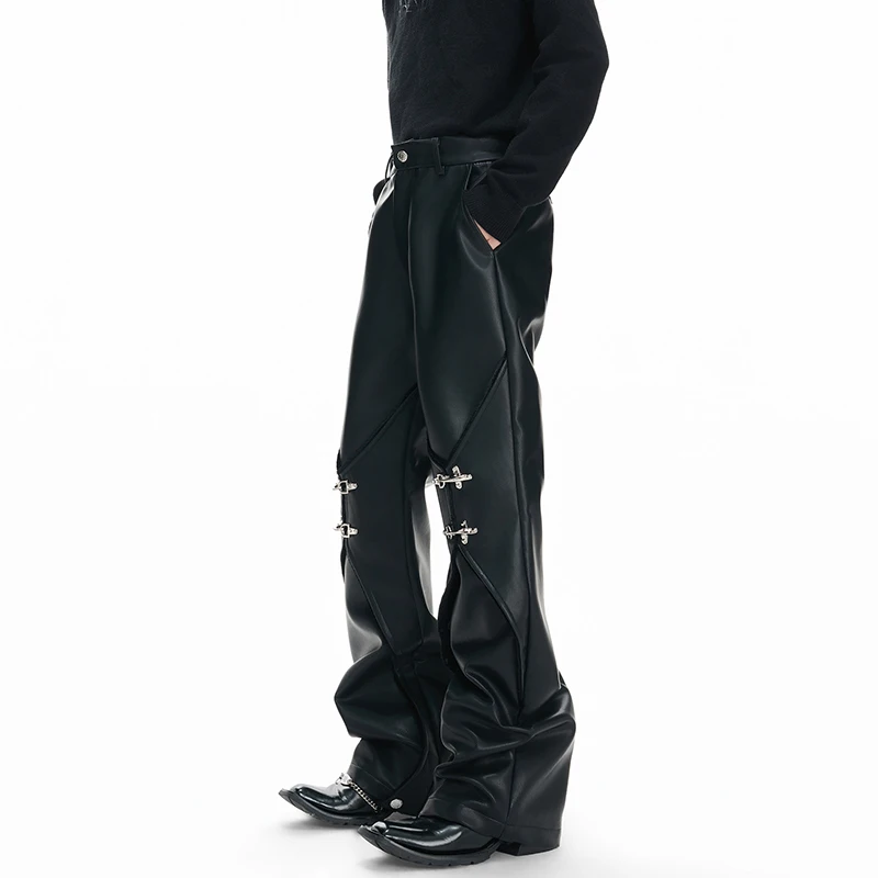 LUZHEN 2026 New Original Metal Buckle Splicing Design Wide Leg Casual Leather Pants Men's Stylish Motorcycles Trousers JY6230
