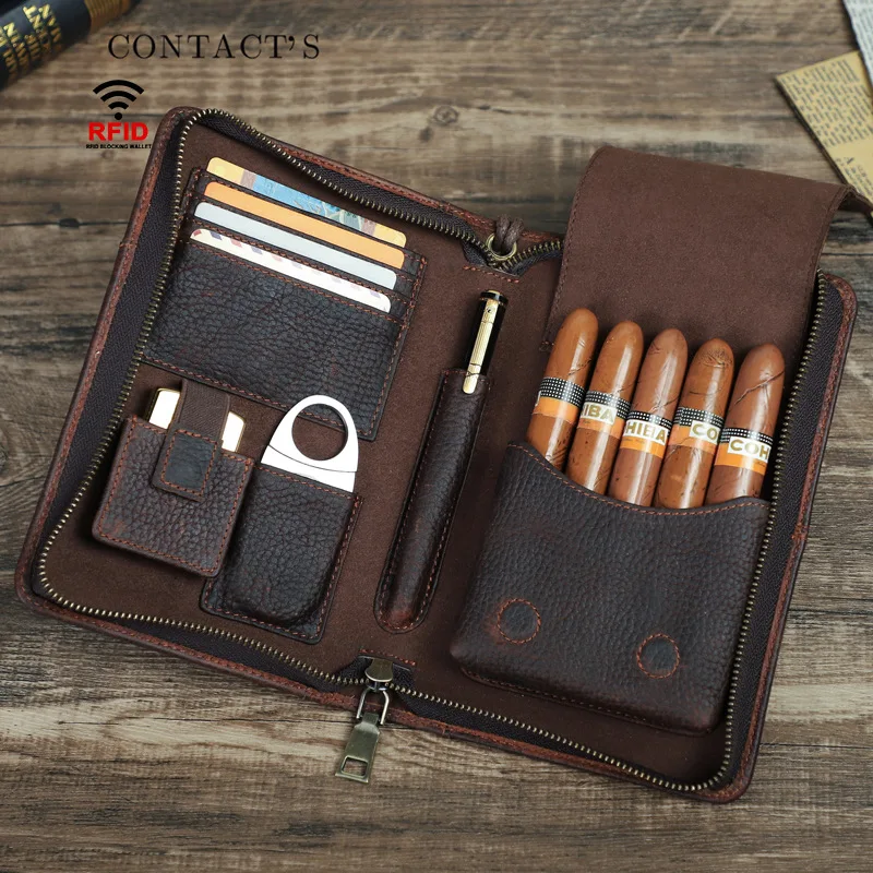 Contact\'s Family Leather Cigar Case with Lighter Cutter Pocket Travel Portable Humidor Box Cigars Accessories Handbag Men Gift