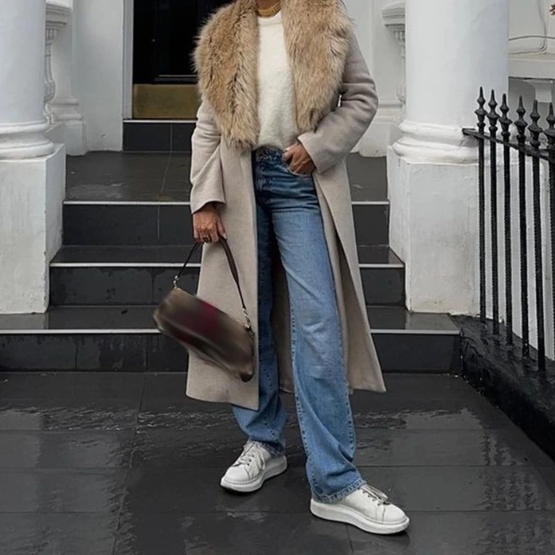 Manteau Long en laine à col en laine pour femme, manteau Long élégant, automne et hiver 2025