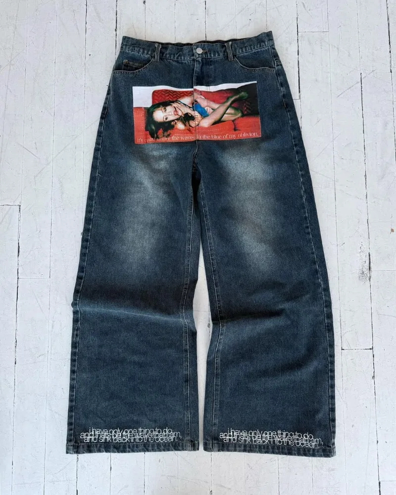 

Anime Retro Harajuku Print Fashion High Waist Washing Jeans Men Y2k American Hip-hop Rock Casual Oversized Wide-leg Pants Women