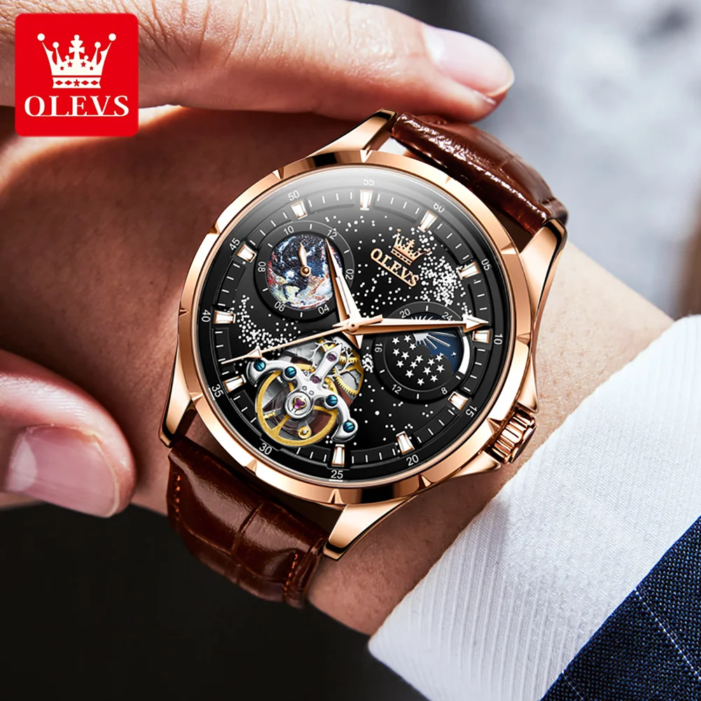 OLEVS Men Watch Automatic Mechanical Skeleton Starry Sky Moon Phase Luminous Waterproof Stainless Steel Mechanical Watch 6671