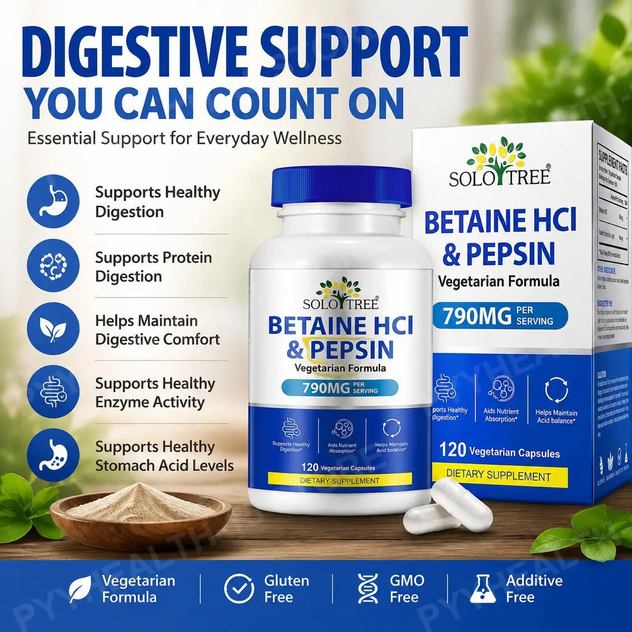 Betaine HCl & Pepsin Vegetarian Capsules, Supports Protein Digestion, Nutrient Absorption and Digestive Comfort, 120 Capsules