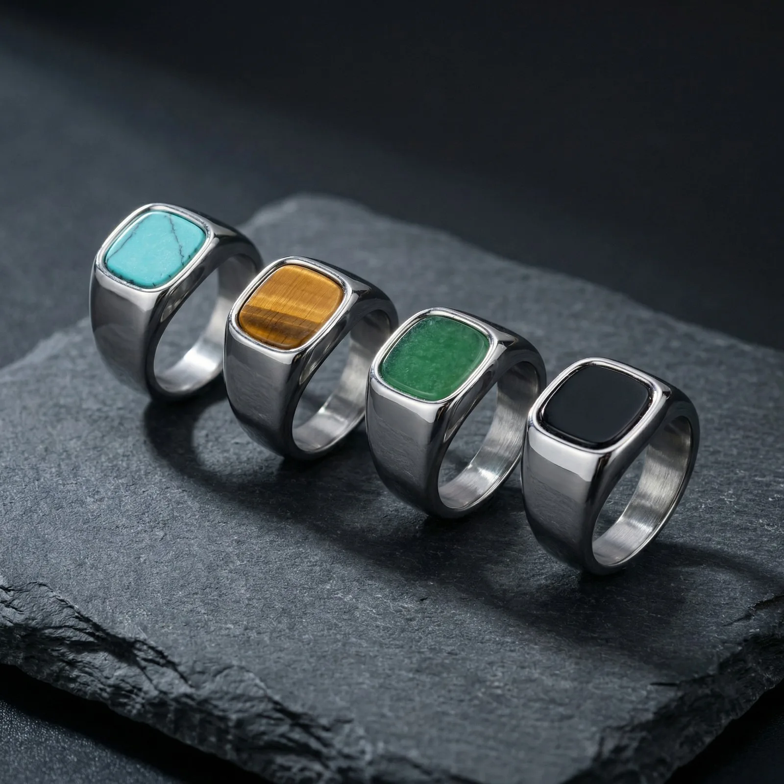 Vnox Quadratischer Siegelring für Herren, Edelstahl mit Tigerauge, Türkis und Onyx-Stein, Punk-Fingerband, Vintage-Schmuckgeschenk – Detail 6