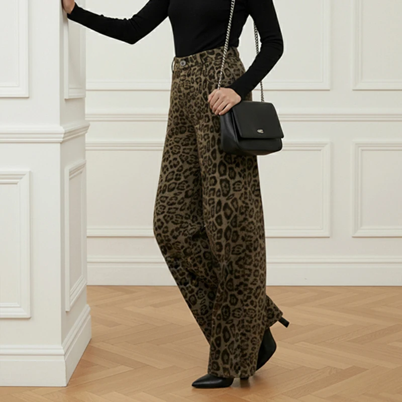 Modigirl المرأة الخريف الشتاء المرقعة الحياكة بناطيل تدفئة 2025 ليوبارد واسعة الساق الحضرية الخروج العصرية السيدات تمتد قيعان