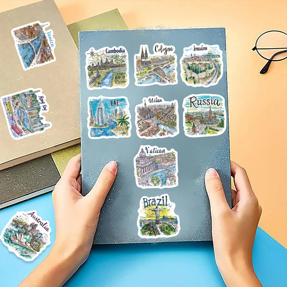 50pcs Hand-drawn Tourist Map Stickers Around the World Aesthetic for Notebook Envelope Skateboard Laptop Waterproof Kids Sticker