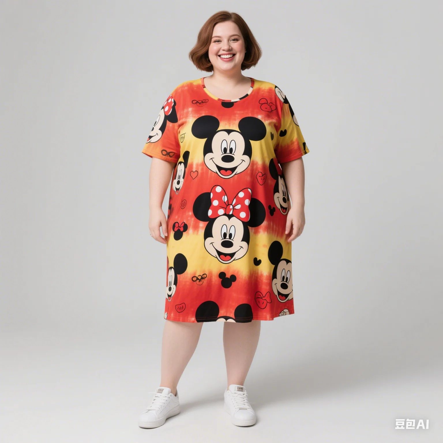

Женское платье с короткими рукавами больших размеров 925, лицензированное Диснеем, модный повседневный стиль, принт с узором Микки и Минни