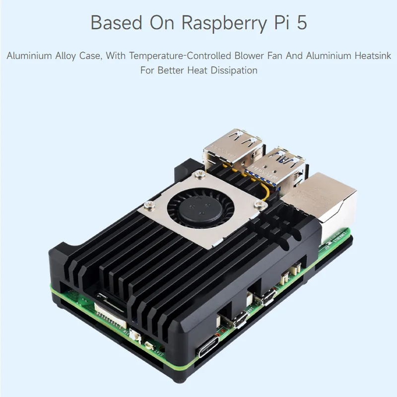 Raspberry Pi 5 Aluminium Alloy Case Metal Shell Aluminium Heatsink with Temperature Controlled Blower Fan for Raspberry Pi 5