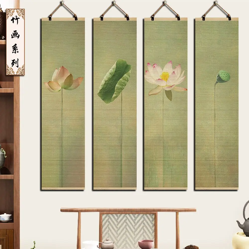 Zen Lotus Bamboo Scroll Tapestry Wall Hanging - BnB Chinese Room Decor Aesthetic for Living Room, Wall Decor with Water Lily