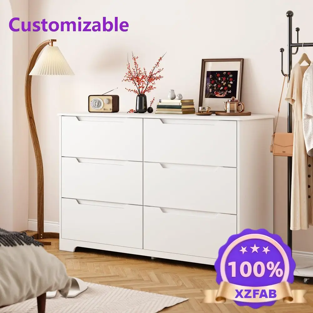 Factory Direct 2026 6 Drawer Double Dresser for Bedroom with AntiTip Design, Modern Wide Wooden Chest of Drawers with CutOut
