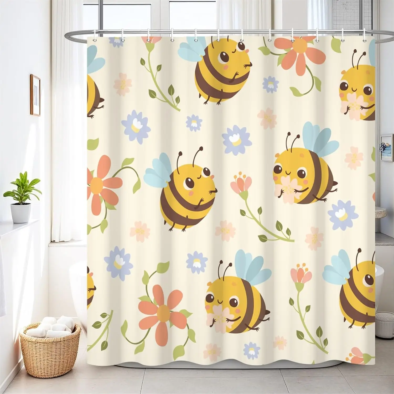 

72 x 72 Inch Bee Kids Shower Curtain for Bathroom Cute Yellow Bee Pink Blue Flower Boys Girls Cartoon Bath Shower Curtains