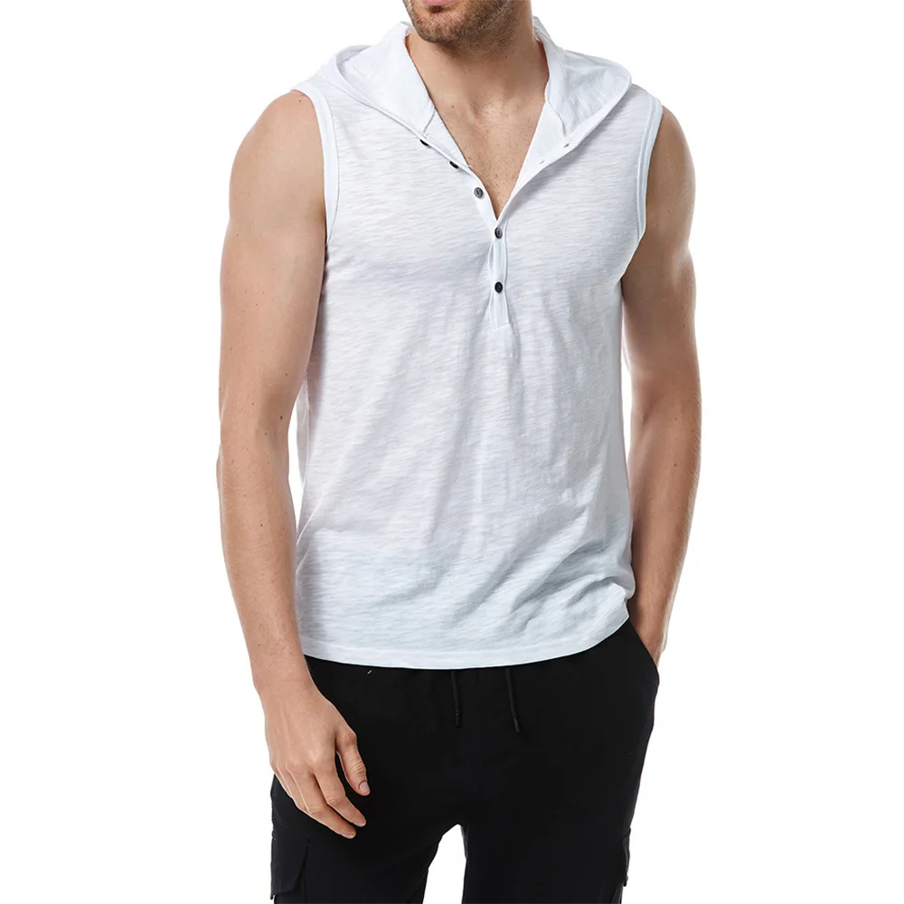 Men Cotton Tank Tops Tees Sleeveless T-shirt Fitness Gym High Elastic Hooded Vest Casual Fashion Baggy T Shirt Male Summer