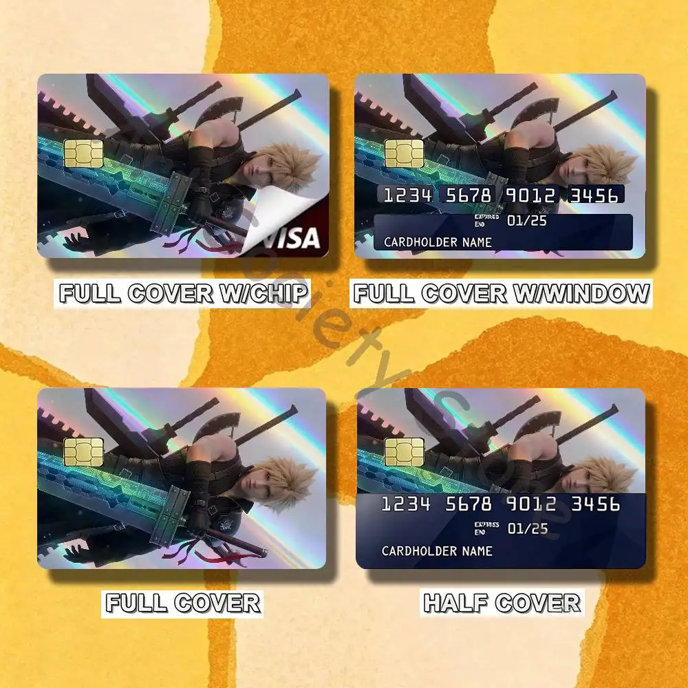 F-Final F-Fantasy Cloud Strife F-FF7 Laser-like texture Card Stickers Credit Visa Debit Bank Charge Card Bus Metro Sticker Decal