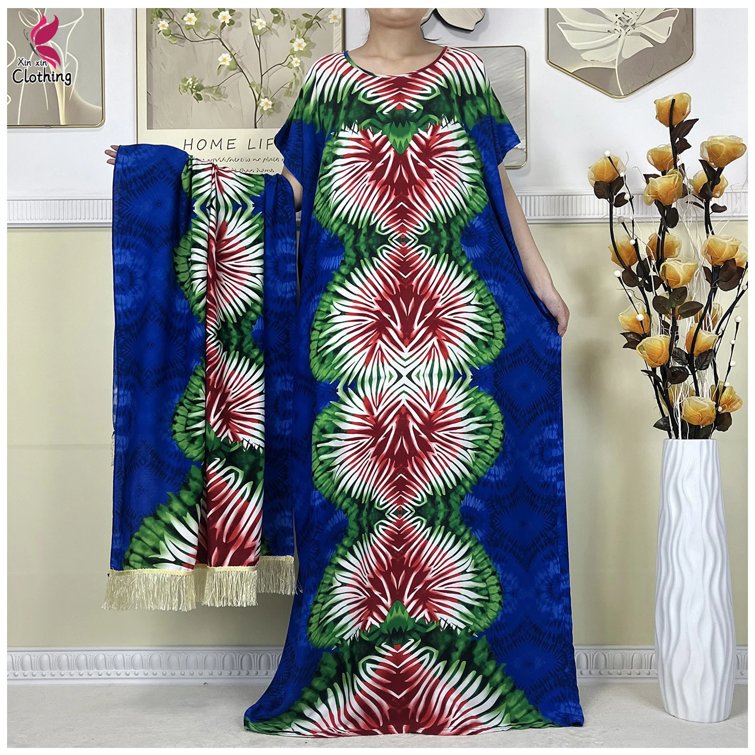 

New Dubai Muslim Summer Dress Women Short Sleeve Loose Cotton Robe Femme Islam Maxi African Print Floral Abaya With Big Scarf