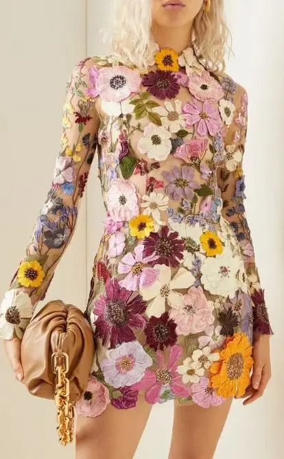 Sexy Women's Dress 2023 Spring Autumn Sweet Style Half Turtleneck 3D Flower Package Hip Sexy Straight Long Sleeve Mini Dress