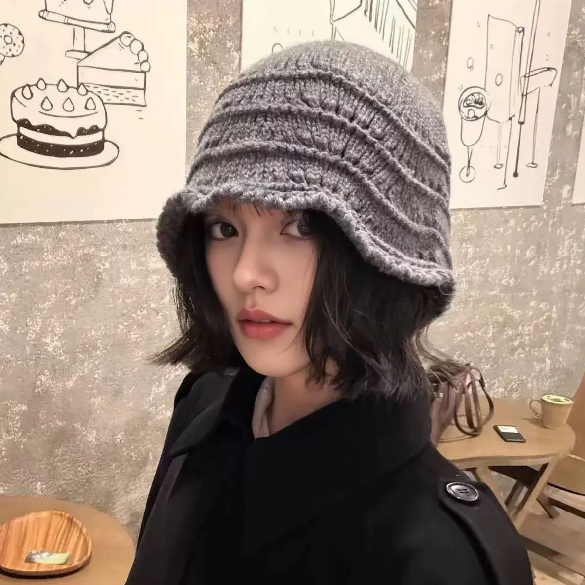 Women Winter Knitted Hat Wave Pattern Warm Fisherman Cap Autumn Fuzzy Plush Bucket Hat Casual Soft Stretchy Outdoor Beanie