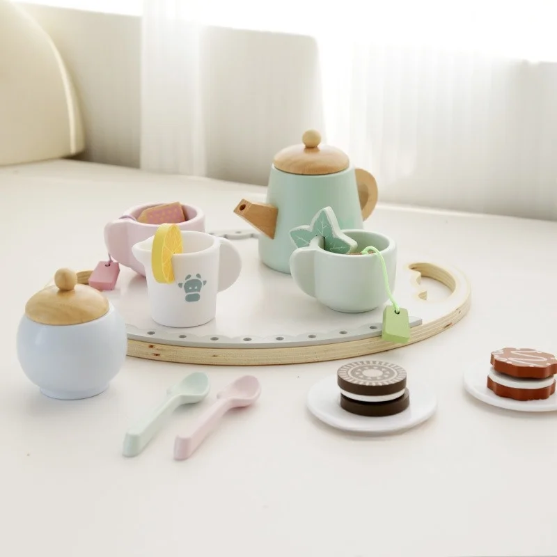 Ensemble de thé de l'après-midi en bois pour enfants, jouet de simulation, jeu de rôle d'apprentissage des aliments, jouets éducatifs précoces pour filles et garçons, cadeaux pour enfants