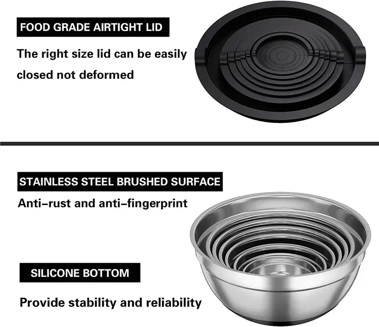 1/6PCS Silicone Bottom Thickened with Lid Cooking Basin Stainless Steel Egg Beating Basin Salad Mixing Basin Kitchen Baking