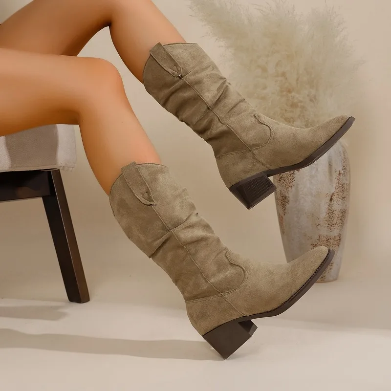 

2025 модные новые элегантные большие средние ботинки, зимние удобные нескользящие повседневные женские рыцарские сапоги с круглой головкой и толстой подошвой
