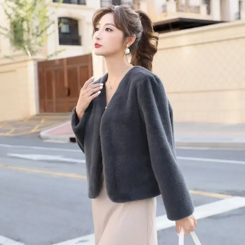 

Autumn and Winter Solid Color Fashion Women Fake Fur Coat Long Sleeved V-neck Plush Cardigan Jacket