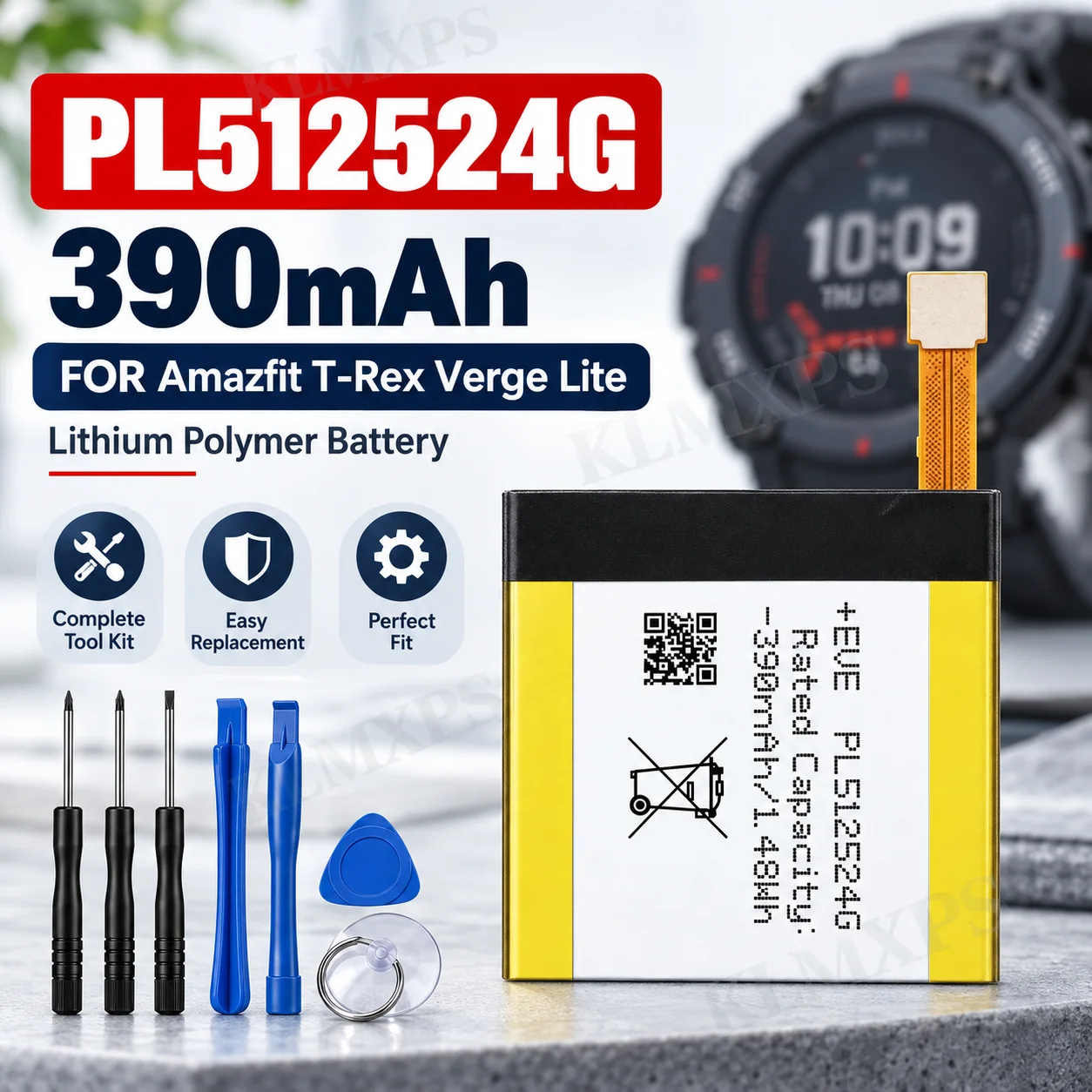 390mAh PL512524G Battery Replacement for Amazfit T-Rex Verge Lite Smart Watch Lithium Polymer Rechargeable Battery