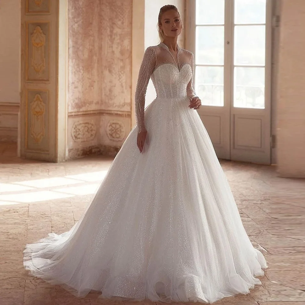 Graceful V-neck Customized Vestido De Novia Charming Long Sleeves Tulle Wedding Dress Exquisite Sequined Beading Robe de mariée