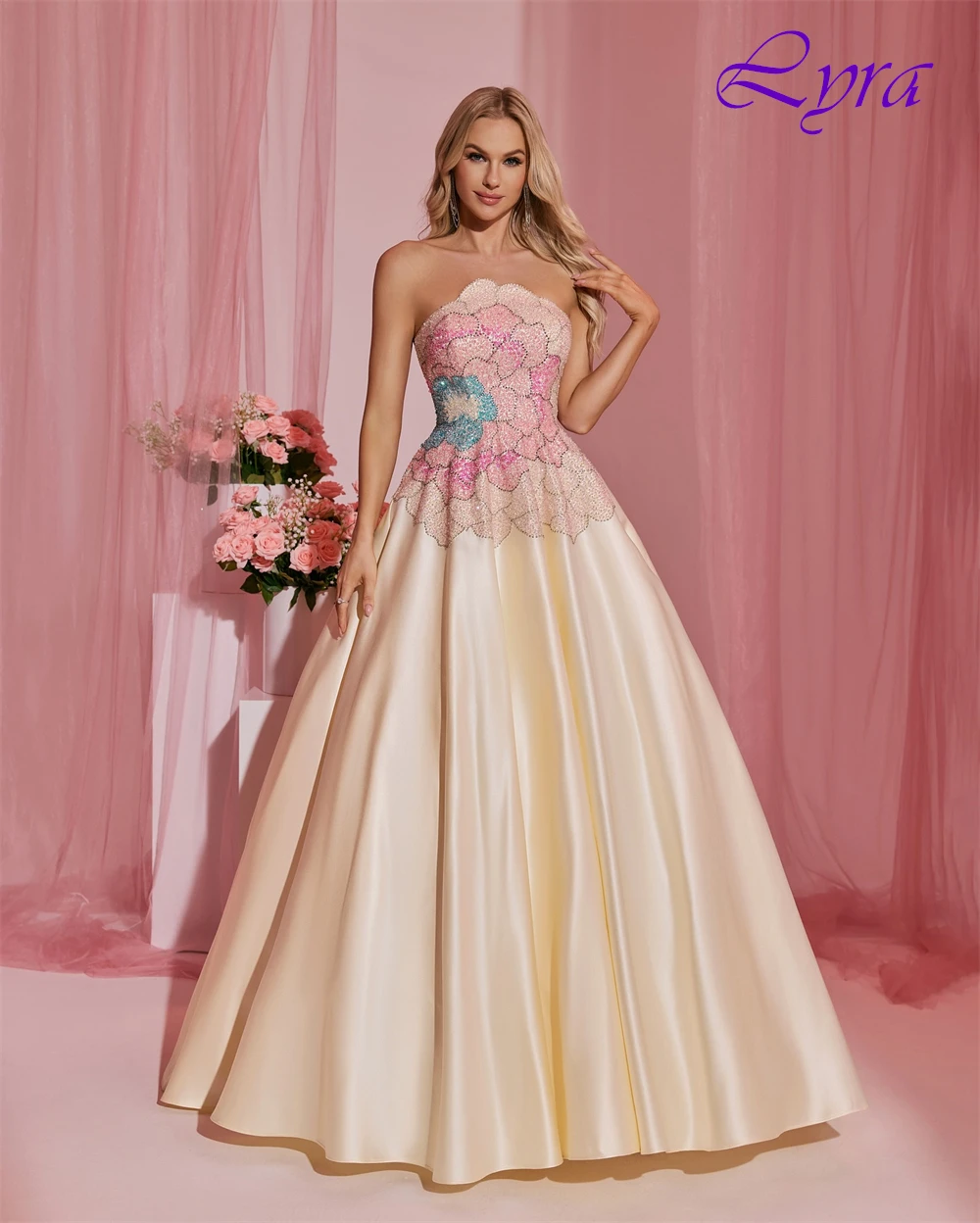 فستان سهرة أنيق مخصص بدون حمالات وفساتين مناسبة خاصة من الساتان الرائعة وفساتين حفلة موسيقية كريستالية مزاجية