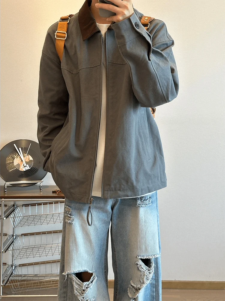 

Мужская куртка в американском ретро-стиле с воротником Detroit, весенне-осенняя, из чистого хлопка, плотная, рабочая одежда, модная, в стиле пэчворк, повседневный топ