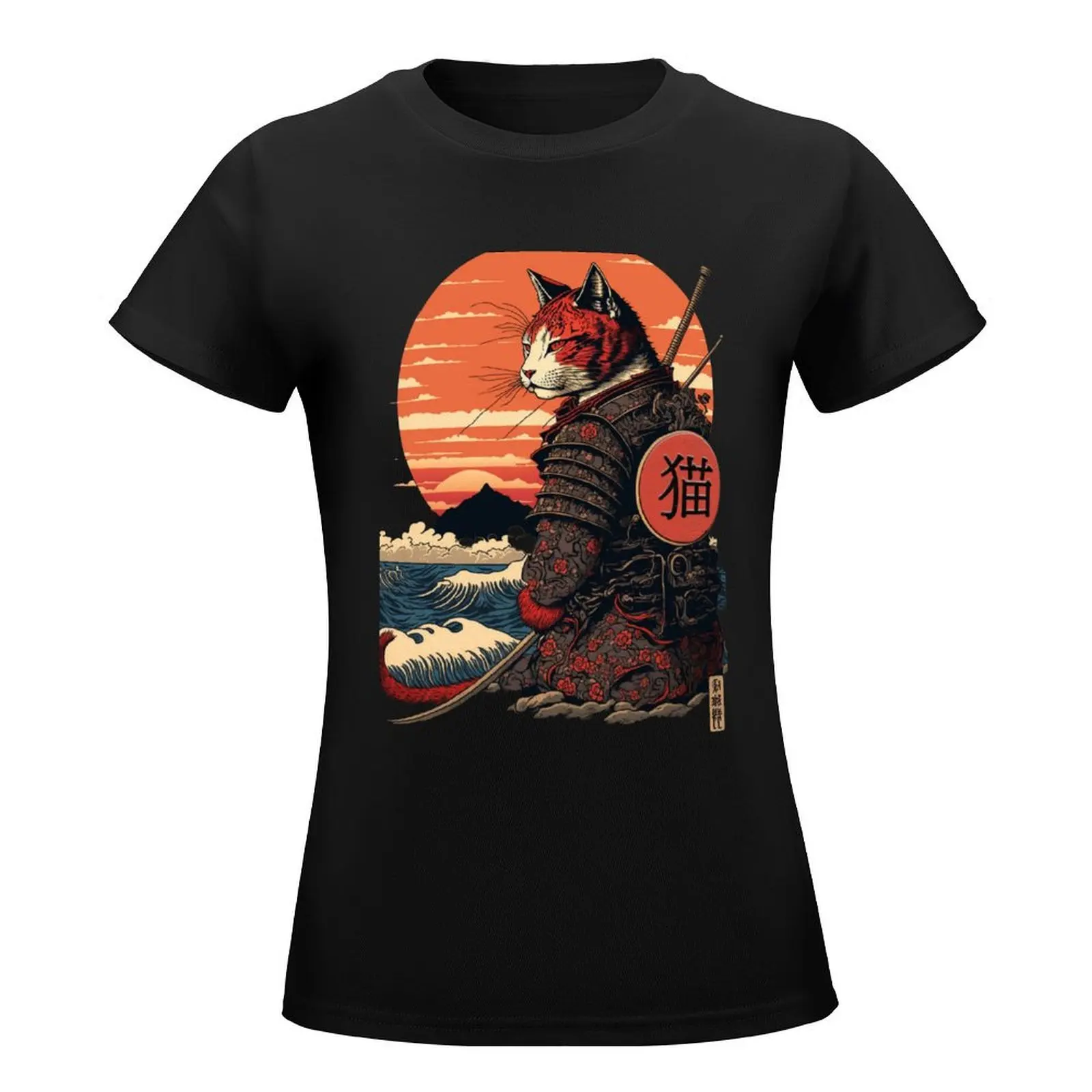 Ukiyo e Samurai Cat T-Shirt graphics funnys vintage clothes t shirts for Women