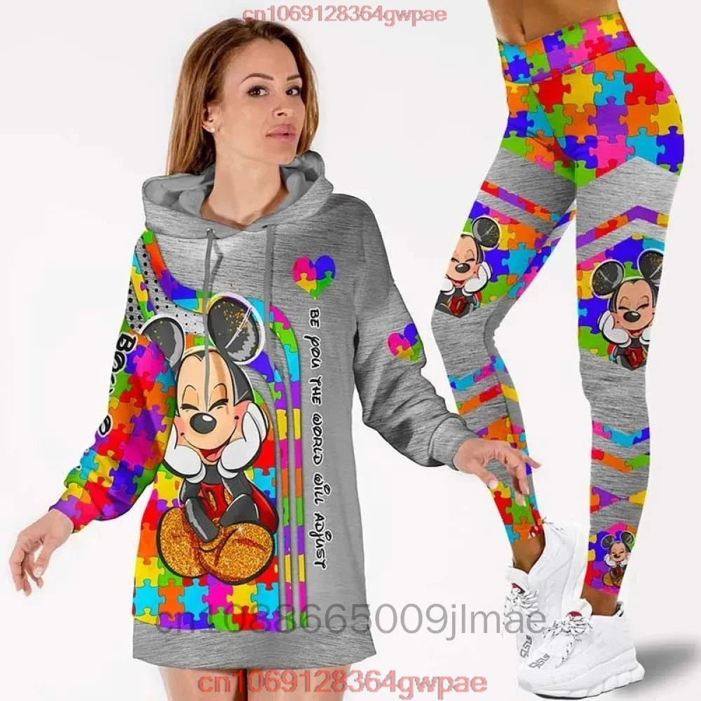 Custom Name Mickey Mouse Hoodie Dress and Leggings Suit Women\'s Diseny Minnie Hoodie Yoga Pants Sweatpants Fashion Tracksuit Set