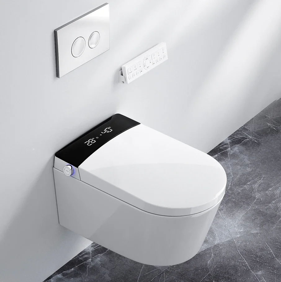 Matt black watermark CE auto open wall mounted ceramic electric intelligent wc bathroom wall hung smart toilet with cistern