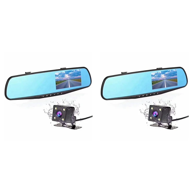 2Set 4.3Inch Car Dash Cam Driving Recorder HD 1080P Cycle Mirror Dvr Dash Cam Dual Lens Video Recorder DVR Dash Camera