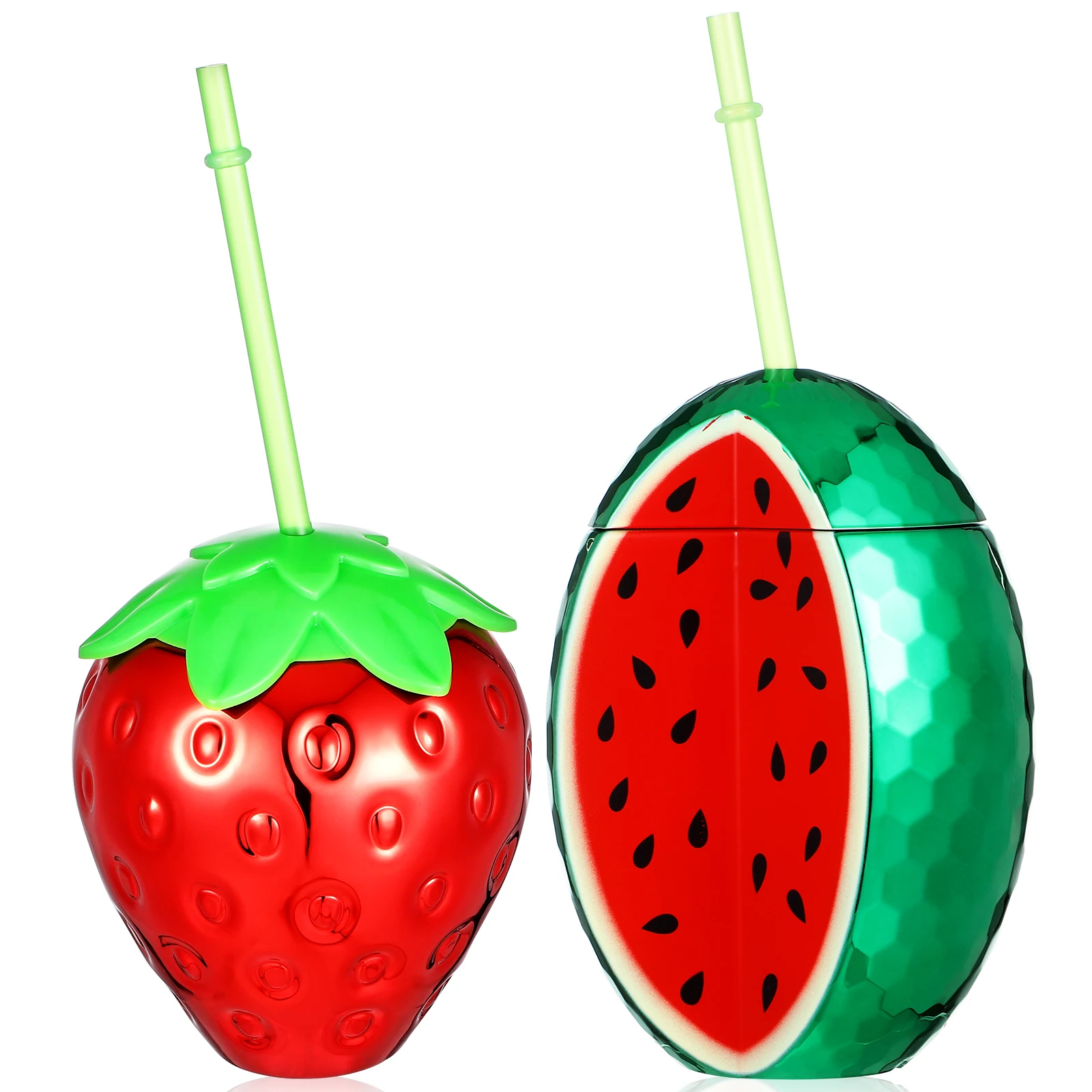 

2 pcs Fruit Shaped Cups Lids Straws Strawberry Watermelon Drink Mugs Juice Cup Party Supplies Hawaiian Theme Sealed Design