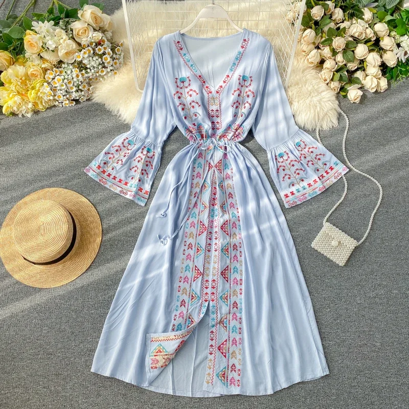 Vestido Bohe de estilo nacional para mujer, vestido de playa para vacaciones, vestido largo de lino y algodón bordado